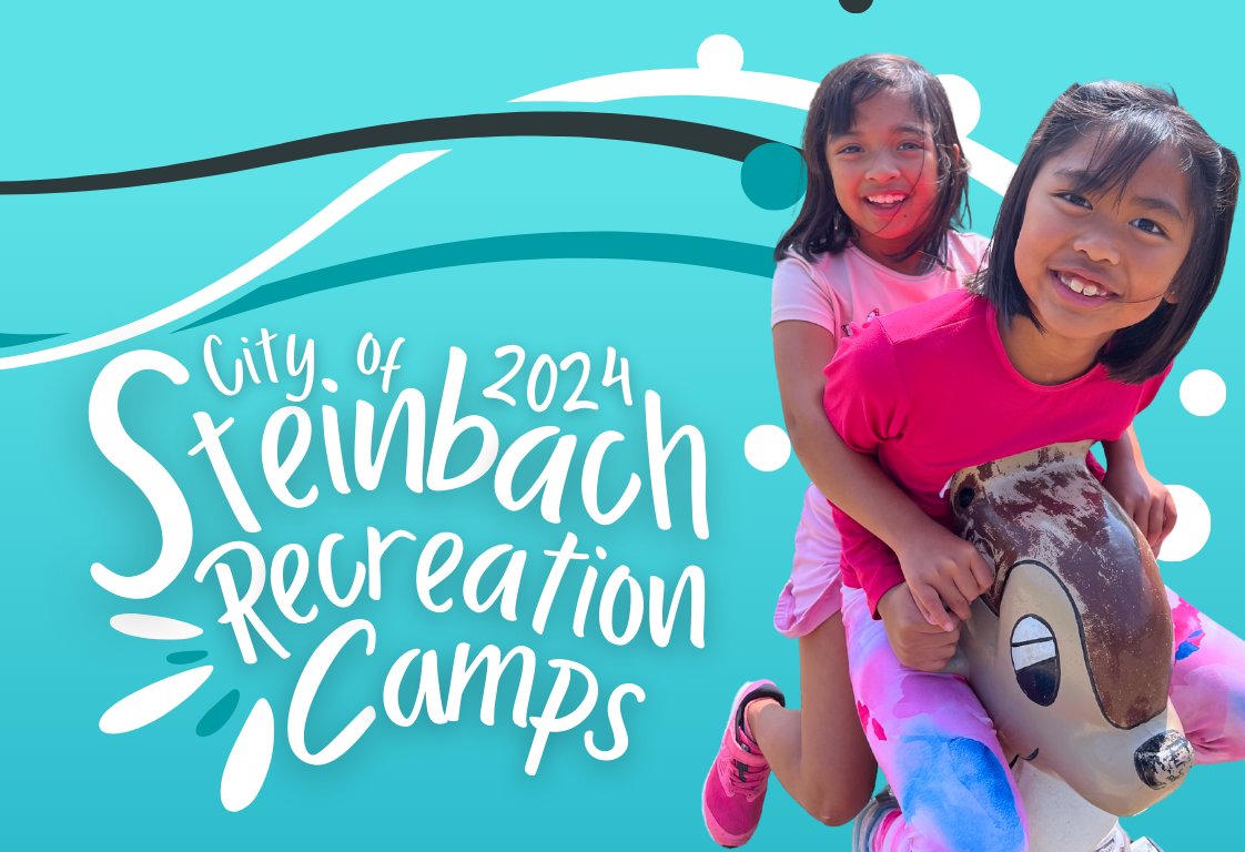 Turquoise graphic with wavy lines and dots with an image of two Steinbach Recreation campers sharing a playground spring rider and white text that reads, 