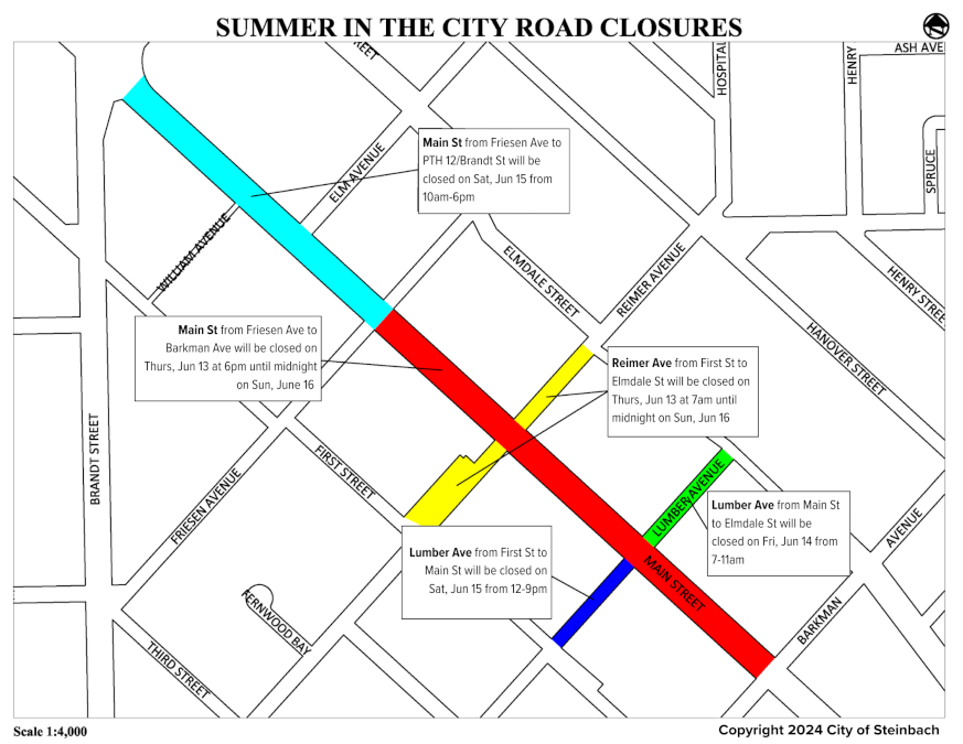 Map of labelled closures along Main St, Reimer Ave, and Lumber Ave scheduled between June 14-16.