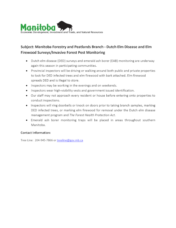 Notice from the Manitoba Forestry and Peatlands Branch regarding Dutch Elm Disease and Elm Firewood Surveys/Invasive Forest Pest Monitoring.