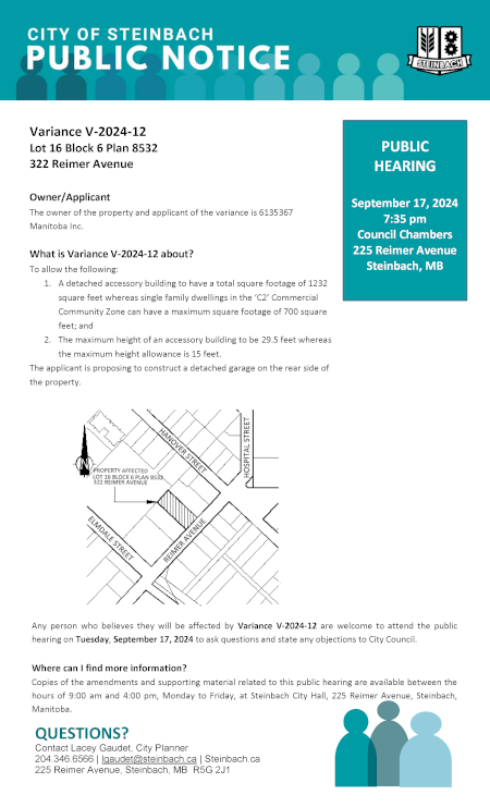 Page 1 of the Public Notice regarding Variance V-2024-12. Linked to document.