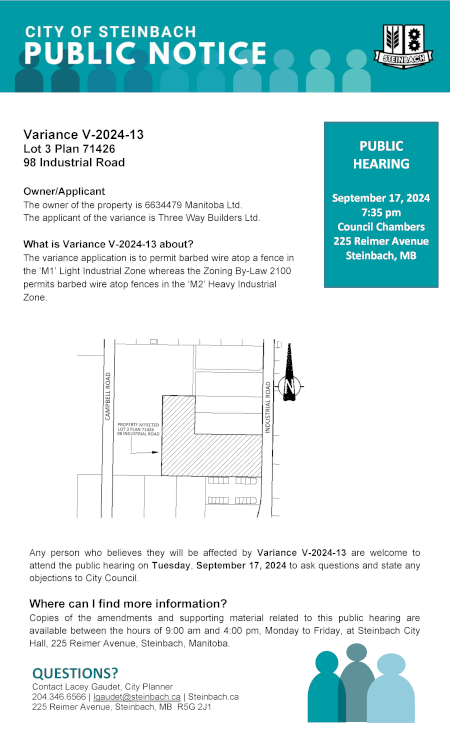 Page 1 of the Public Notice regarding Variance V-2024-13. Linked to document.