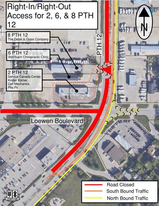 City of Steinbach map of Loewen Boulevard road closure and traffic management update on PTH 12 scheduled for September 9.