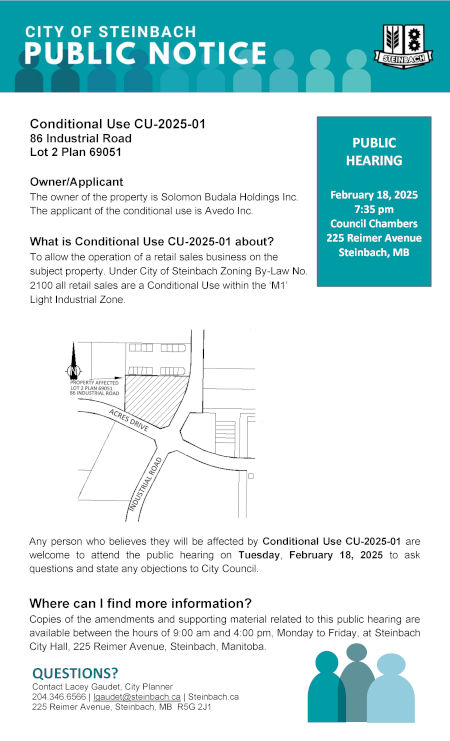 Page 1 of the Public Notice outlining Conditional Use CU-2025-01 (linked to file).