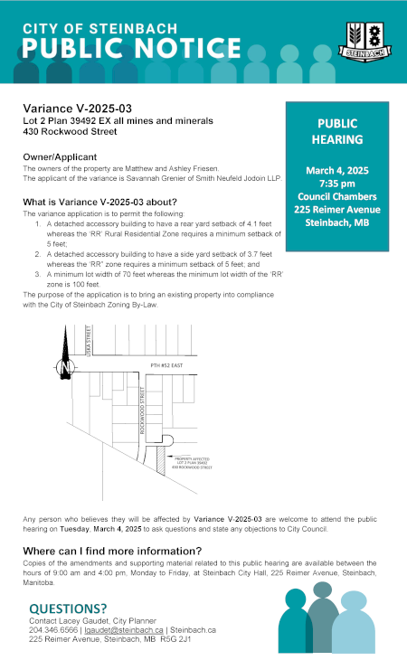 Page 1 of the Public Notice, outlining Variance V-2025-03. Linked to PDF of document.