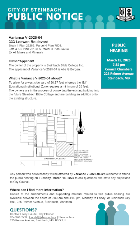 Page 1 of the Public Notice, outlining Variance V-2025-04. Linked to PDF of document.