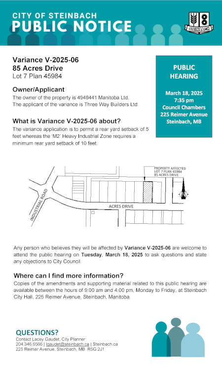 Page 1 of the Public Notice, outlining Variance V-2025-06. Linked to PDF of document.